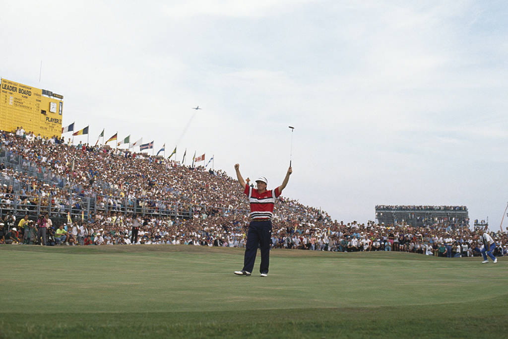 Mark Calcavecchia celebrates winning The Open at Royal Troon in 1989